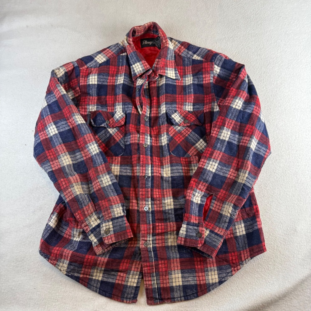 Allegro Mens Large Red Blue Plaid Quilted Lined Flannel Shirt Jacket Shacket